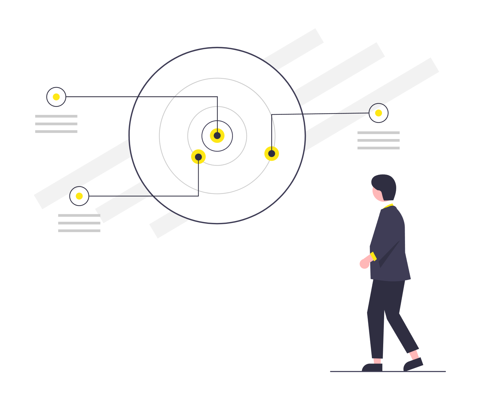 a man walking towards a circular diagram